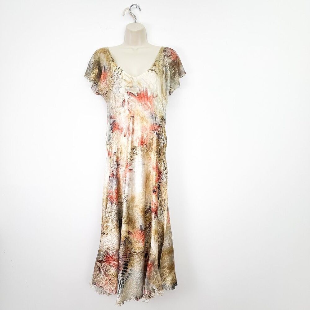 Komarov Women’s Crinkle Abstract Multi Orange Lace Cap Sleeve Midi Dress